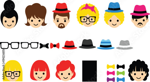 People Avatar Creator Vector Set with Faces, Hairstyles, Glasses, Hats and Bowties for Custom Character Design and Profile Illustration.