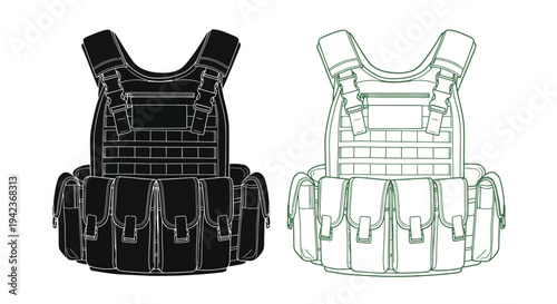 Two tactical vests one black and one green are displayed side by side