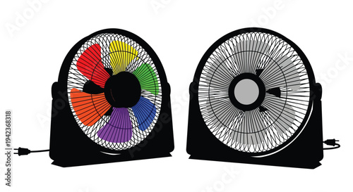 Two electric fans one colorful and one grayscale are displayed on a white surface