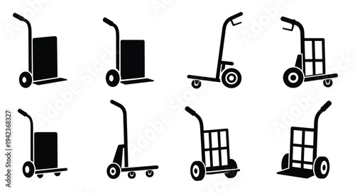 Black and white illustration of various hand truck and dolly designs