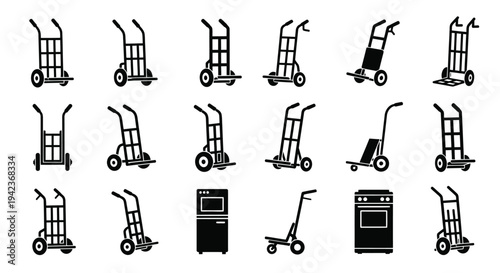Collection of hand trucks dollies and appliances in black and white