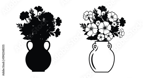 Floral arrangement in vases a black silhouette and a white outline