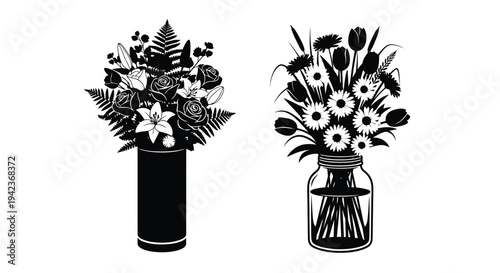 Two elegant black and white floral arrangements in contrasting vases