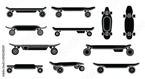 Variety of electric skateboards and longboards in black and white