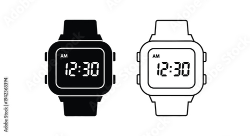 Two digital wristwatches displaying the time 12 30 in black and white