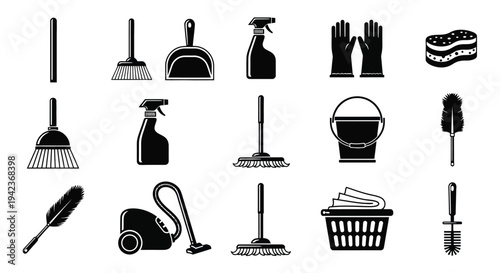 Black and white illustration of various cleaning tools and supplies
