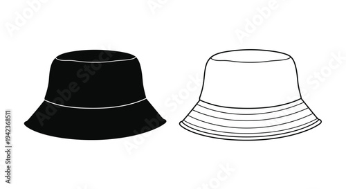 Two bucket hats one black and one white depicted in a simple line drawing style