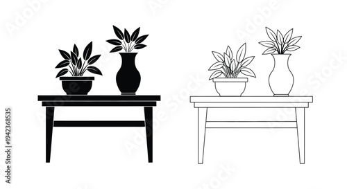 Black and white illustration of plants in vases on small tables