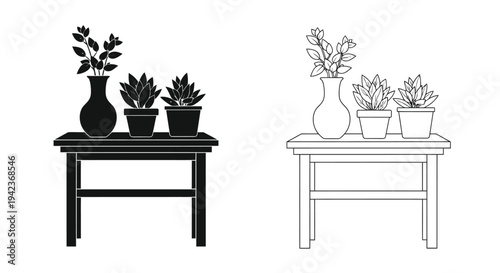 Black and white line drawing of potted plants on a small table