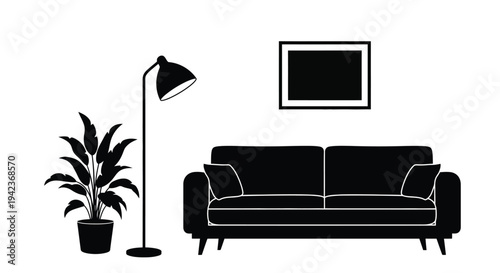 Minimalist interior scene featuring a sofa floor lamp and plant