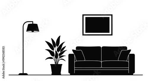 A minimalist living room scene with a sofa lamp and potted plant