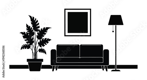 Minimalist living room interior with plant sofa lamp and framed artwork