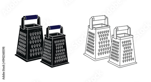 Black and white line art of four box graters two filled and two outlines