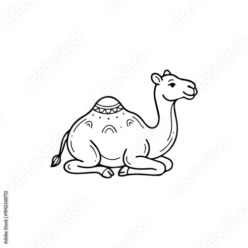 Camel sitting on the ground calmly.