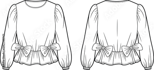Women blouse fashion technical drawing front and back view, long sleeve bow waist detail apparel design outline illustration