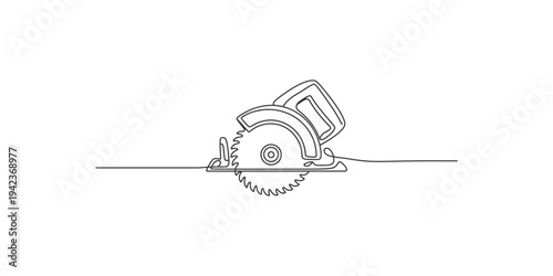 Continuous line drawing of a circular power saw on a white background illustration