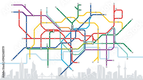 Abstract Metro Subway Map Illustration with Colorful Transit Lines over Modern City Skyline Silhouette for Urban Planning and Transportation Concepts