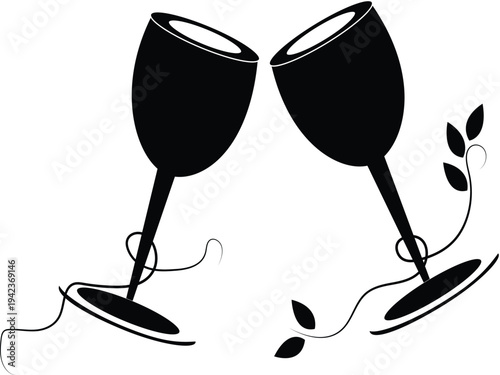Minimalist black silhouette of two clinking wine glasses with elegant vine leaves, celebration toast concept, romantic dinner, wedding, anniversary, bar or restaurant icon isolated on light background