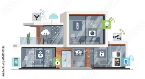 Modern smart home security and automation system diagram shows.