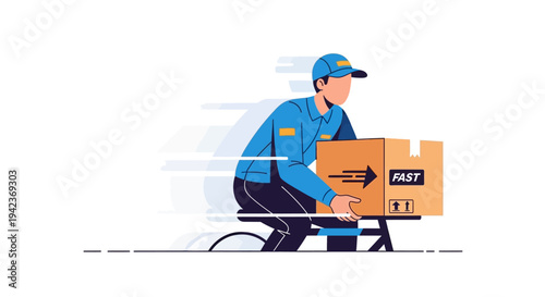 Delivery courier quickly setting down a shipping package for fast order.