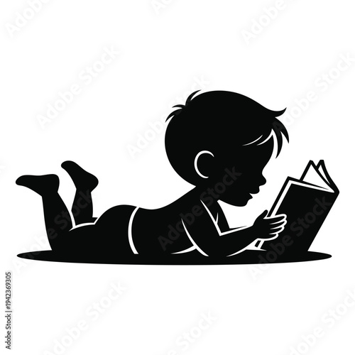 Silhouette of young boy lying down reading open book with dark outlines isolated on checkered background, childhood learning and imagination