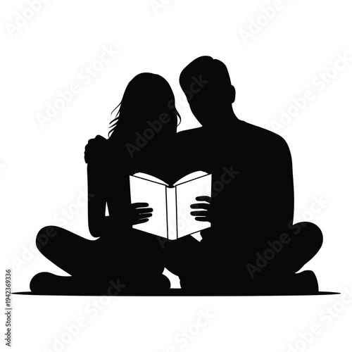 Silhouette vector illustration of couple reading book together, people sitting on floor with open book, shared activity