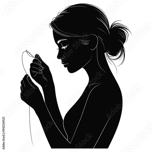 Silhouette vector illustration of woman hand-stitching fabric, side profile view of girl with needle and thread, sewing clothing