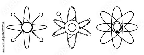 Atom icon set with sleek geometric lines and clean circles on a white background featuring physics, science, vector with modern and minimal