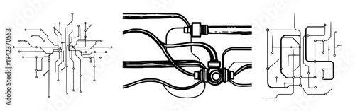 Digital Plumbing set with abstract line art network design featuring sharp black ink, data flow, connectivity theme with vector and illustration