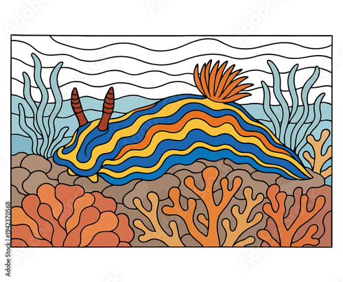 Nudibranch sea slug marine animal with coral and seaweed underwater coloring page