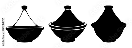 Tagine pot set with solid black silhouette showing bold smooth curves featuring North African heritage, culinary icon, black line art with simple illustration and monochrome