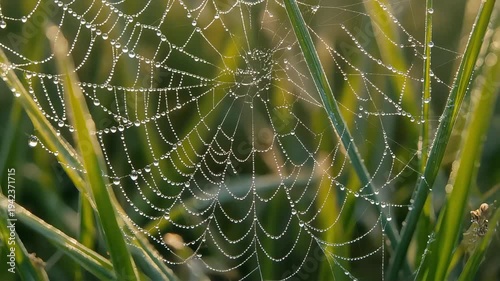 Dew-kissed spider web glistens intricately among morning grass blades in serene landscape photography