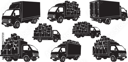 Collection of black trucks with various cargo loads