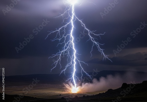 Blazing vertical lightning bolt slams into the open plain, exploding in a fiery burst of dust and debris as the storm-dark sky glows with brutal electric power

