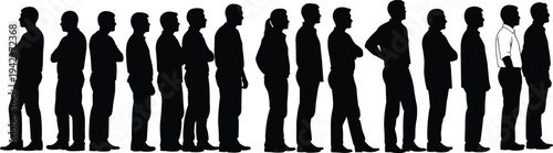 People standing in queue silhouettes collection, men waiting line side view crowd isolated black vector illustration set