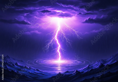 Enchanted violet lightning pillar crashes into a moonlit lake, ripples of glowing rings expanding across dark water beneath brooding mountains and storm clouds

