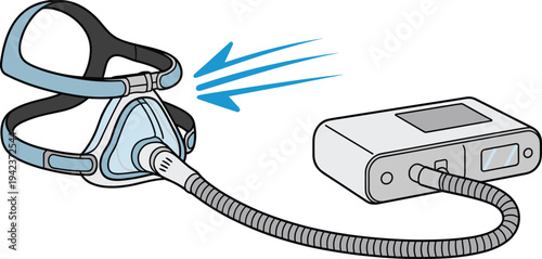 CPAP breathing mask connected to sleep apnea machine illustration, respiratory therapy equipment for medical sleep treatment vector design