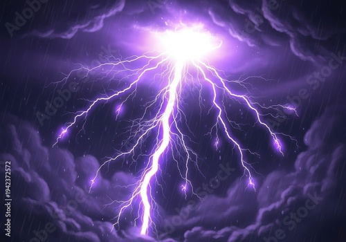 Mystic violet lightning cascade pouring from a blinding cloud halo, thick central bolt surrounded by smaller glowing droplets in swirling rain-soaked darkness

