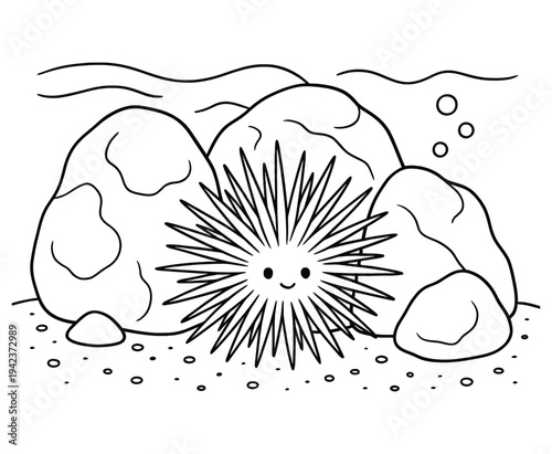 Cute sea urchin with smiling face among rocks and seaweed