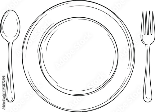 Hand drawn table setting illustration, plate spoon and fork outline, dining cutlery arrangement isolated on white background for menu design