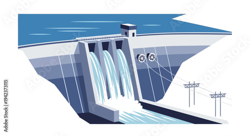 Hydroelectric Dam Generating Clean Energy, Water Flowing Through Spillways