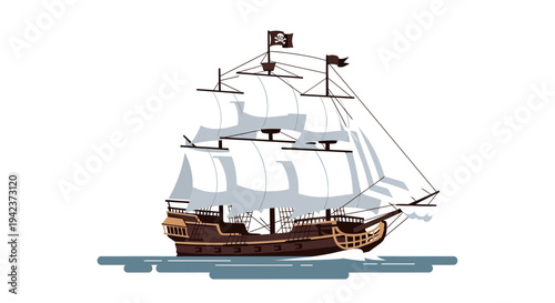 Pirate Ship Sailing on the Ocean with Jolly Roger Flag