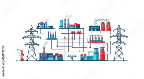 Industrial Power Plant Complex with Transmission Towers and Pipelines