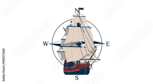 Vintage Sailing Ship and Compass Rose Illustration