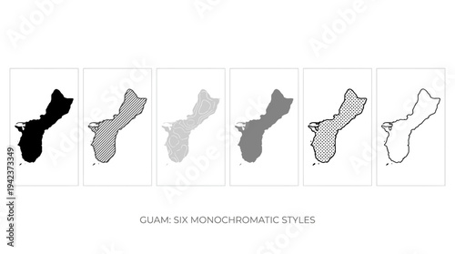 Set of Guam Maps in Six Monochromatic Styles including Silhouette, Outline, Topographic, and Patterned Designs