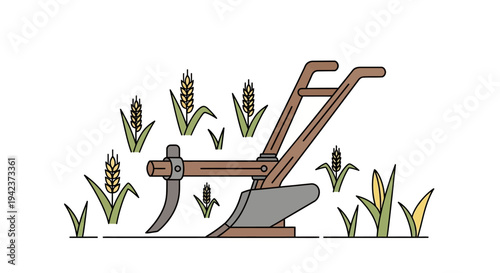 Vintage Plow and Wheat Field Illustration
