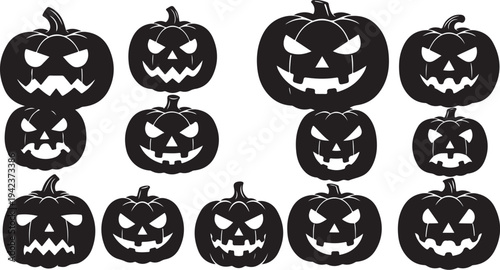 Collection of spooky carved jack-o-lanterns for Halloween decoration