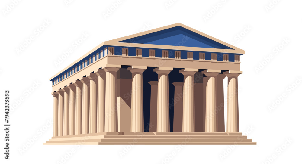 Fototapeta premium Ancient Greek Temple Illustration with Columns and Blue Roof