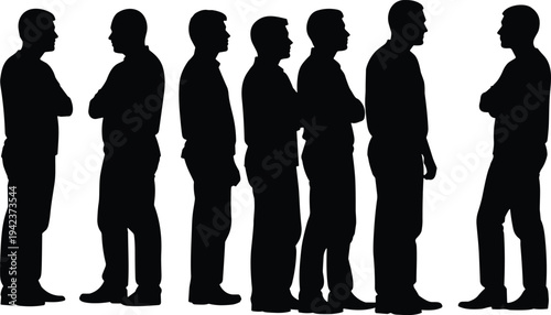 Men standing in queue silhouettes side view, male people waiting line crowd isolated black vector illustration set