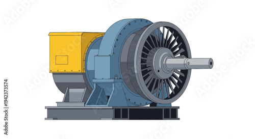 Industrial turbine generator with fan and yellow housing on white background